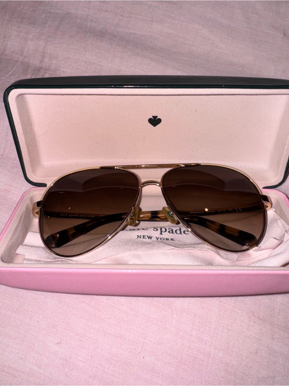 kate spade Gold Metal Aviator Sunglasses with Brown Lenses and Pink Case